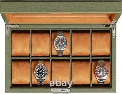 Watch Display Case 10 Slot Green & Tan Suede Organizer Storage Glass Lid Men Box