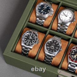 Watch Display Case 10 Slot Green & Tan Suede Organizer Storage Glass Lid Men Box