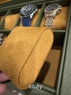 Watch Display Case 10 Slot Green & Tan Suede Organizer Storage Glass Lid Men Box