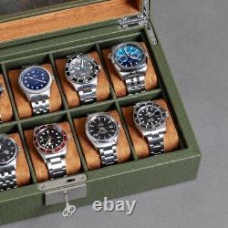 Watch Display Case 10 Slot Green & Tan Suede Organizer Storage Glass Lid Men Box Watch Display Case 10 Slot Green & Tan Suede Organizer Storage Glass Lid Men Box