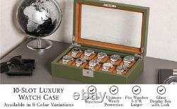 Watch Display Case 10 Slot Green & Tan Suede Organizer Storage Glass Lid Men Box