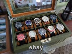 Watch Display Case 10 Slot Green & Tan Suede Organizer Storage Glass Lid Men Box