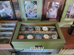 Watch Display Case 10 Slot Green & Tan Suede Organizer Storage Glass Lid Men Box