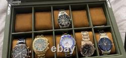 Watch Display Case 10 Slot Green & Tan Suede Organizer Storage Glass Lid Men Box