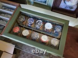 Watch Display Case 10 Slot Green & Tan Suede Organizer Storage Glass Lid Men Box