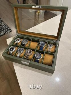 Watch Display Case 10 Slot Green & Tan Suede Organizer Storage Glass Lid Men Box
