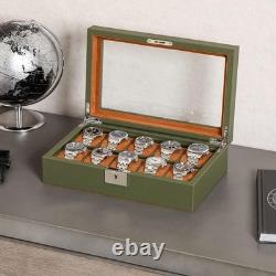 Watch Display Case 10 Slot Green & Tan Suede Organizer Storage Glass Lid Men Box