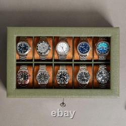 Watch Display Case 10 Slot Green & Tan Suede Organizer Storage Glass Lid Men Box Watch Display Case 10 Slot Green & Tan Suede Organizer Storage Glass Lid Men Box