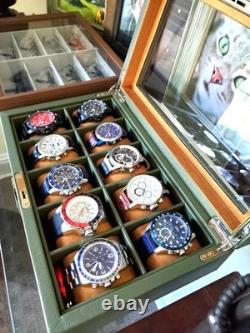 Watch Display Case 10 Slot Green & Tan Suede Organizer Storage Glass Lid Men Box