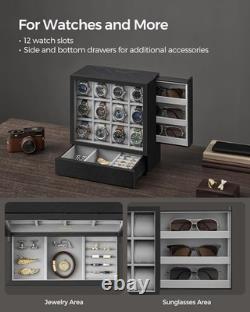 Watch Display Case 12 Slot Vertical Luxury Wood & Velvet Organizer Storage Box