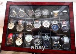 Watch Display Case 21 Slot Ebony Wood & Leather Organizer Storage Glass Lid Box