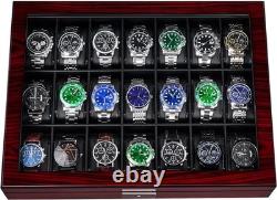Watch Display Case 21 Slot Ebony Wood & Leather Organizer Storage Glass Lid Box