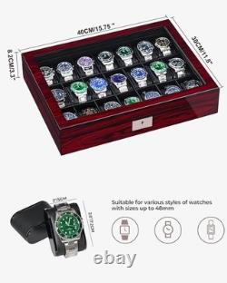 Watch Display Case 21 Slot Ebony Wood & Leather Organizer Storage Glass Lid Box