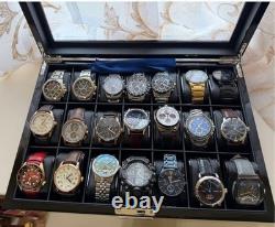Watch Display Case 21 Slot Ebony Wood & Leather Organizer Storage Glass Lid Box