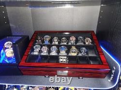 Watch Display Case 21 Slot Ebony Wood & Leather Organizer Storage Glass Lid Box Watch Display Case 21 Slot Ebony Wood & Leather Organizer Storage Glass Lid Box