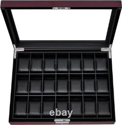 Watch Display Case 21 Slot Ebony Wood & Leather Organizer Storage Glass Lid Box