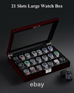 Watch Display Case 21 Slot Ebony Wood & Leather Organizer Storage Glass Lid Box