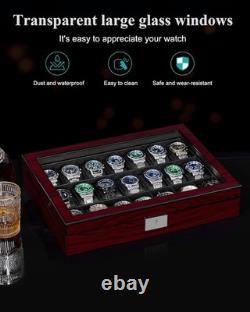 Watch Display Case 21 Slot Ebony Wood & Leather Organizer Storage Glass Lid Box