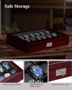 Watch Display Case 21 Slot Ebony Wood & Leather Organizer Storage Glass Lid Box