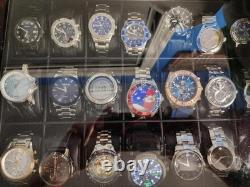 Watch Display Case 21 Slot Ebony Wood & Leather Organizer Storage Glass Lid Box