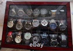 Watch Display Case 21 Slot Ebony Wood & Leather Organizer Storage Glass Lid Box