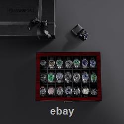 Watch Display Case 21 Slot Ebony Wood & Leather Organizer Storage Glass Lid Box