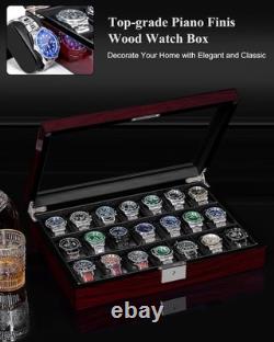 Watch Display Case 21 Slot Ebony Wood & Leather Organizer Storage Glass Lid Box