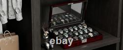 Watch Display Case 21 Slot Ebony Wood & Leather Organizer Storage Glass Lid Box