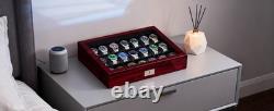 Watch Display Case 21 Slot Ebony Wood & Leather Organizer Storage Glass Lid Box