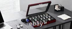 Watch Display Case 21 Slot Ebony Wood & Leather Organizer Storage Glass Lid Box