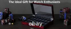 Watch Display Case 21 Slot Ebony Wood & Leather Organizer Storage Glass Lid Box