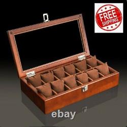 Watch Display Case Box Glass Holder 12 Slots Pillow Solid Wooden Watch Storage