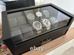 Watch Display Case Luxury 12 Slot Black Wood & Leather Organizer Storage Box