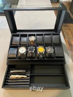 Watch Display Case Luxury 12 Slot Black Wood & Leather Organizer Storage Box