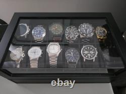 Watch Display Case Luxury 12 Slot Black Wood & Leather Organizer Storage Box