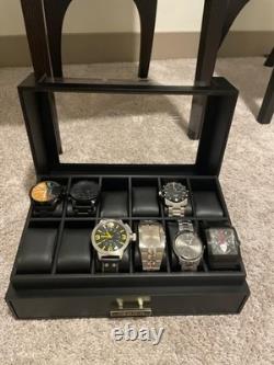 Watch Display Case Luxury 12 Slot Black Wood & Leather Organizer Storage Box