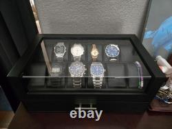 Watch Display Case Luxury 12 Slot Black Wood & Leather Organizer Storage Box