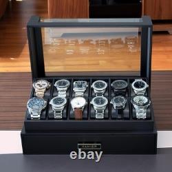 Watch Display Case Luxury 12 Slot Black Wood & Leather Organizer Storage Box
