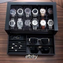 Watch Display Case Luxury 12 Slot Black Wood & Leather Organizer Storage Box
