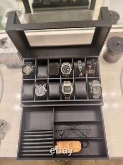 Watch Display Case Luxury 12 Slot Black Wood & Leather Organizer Storage Box