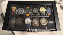 Watch Display Case Luxury 12 Slot Black Wood & Leather Organizer Storage Box