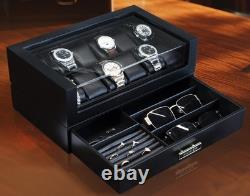 Watch Display Case Luxury 12 Slot Black Wood & Leather Organizer Storage Box