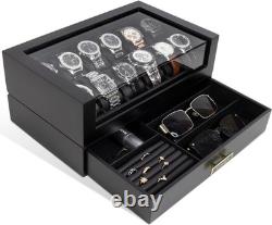 Watch Display Case Luxury 12 Slot Black Wood & Leather Organizer Storage Box