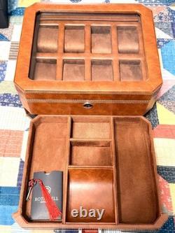 Watch Display Case Luxury 8 Slot Tan Leather & Brown Storage Lock Organizer Box