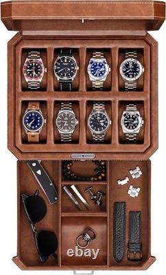 Watch Display Case Luxury 8 Slot Tan Leather & Brown Storage Lock Organizer Box