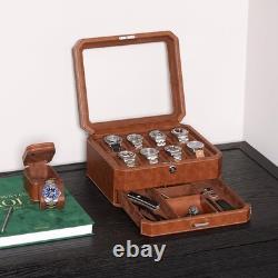 Watch Display Case Luxury 8 Slot Tan Leather & Brown Storage Lock Organizer Box
