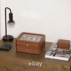 Watch Display Case Luxury 8 Slot Tan Leather & Brown Storage Lock Organizer Box