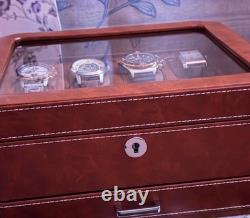 Watch Display Case Luxury 8 Slot Tan Leather & Brown Storage Lock Organizer Box