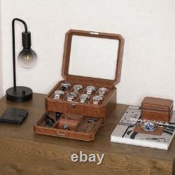 Watch Display Case Luxury 8 Slot Tan Leather & Brown Storage Lock Organizer Box
