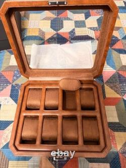Watch Display Case Luxury 8 Slot Tan Leather & Brown Storage Lock Organizer Box